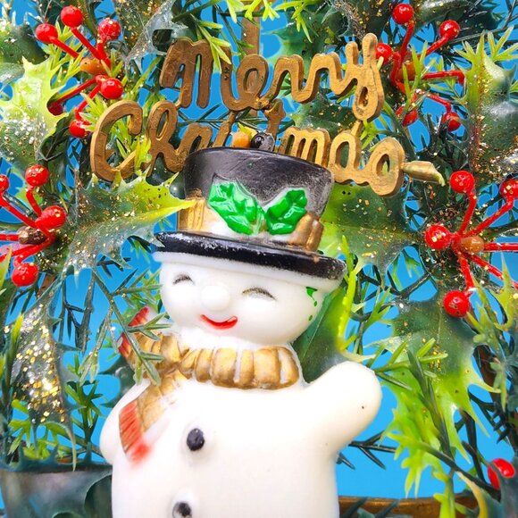 Merry Christmas Tree Snowman Flocked Poinsettia 1970s Kitsch Plastic Hong Kong - Picture 4 of 10